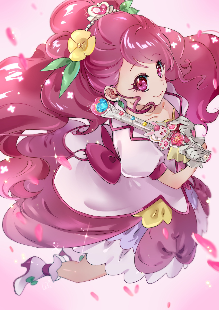 1girl absurdres closed_mouth cure_grace flower from_above gloves hair_flower hair_ornament hanadera_nodoka healin'_good_precure highres holding holding_wand long_hair looking_at_viewer magical_girl pink_background pink_eyes pink_hair precure shipu_(gassyumaron) smile solo wand white_gloves