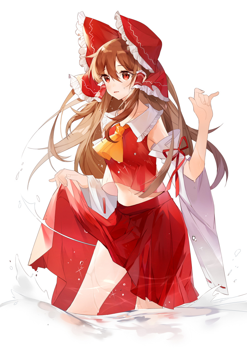 1girl absurdres bangs blush bow brown_hair collarbone cowboy_shot detached_sleeves eyebrows_visible_through_hair floating_hair frilled_bow frilled_hair_tubes frills hair_between_eyes hair_bow hair_tubes hakurei_reimu highres lifted_by_self long_hair long_skirt midriff navel open_mouth pleated_skirt print_bow red_bow red_eyes red_ribbon red_shirt red_skirt ribbon ribbon-trimmed_sleeves ribbon_trim shiny shiny_hair shirt simple_background skirt skirt_lift sleeveless sleeveless_shirt solo standing stomach touhou very_long_hair wading white_background white_sleeves wide_sleeves yayako_(804907150)