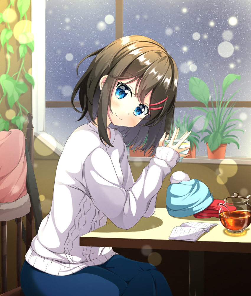 1girl beanie black_tea blue_eyes blue_headwear blue_skirt blush brown_hair chair closed_mouth commentary_request cup gloves gloves_removed hair_ornament hairclip hands_up hat hat_removed head_tilt headwear_removed highres holding holding_cup indoors long_hair looking_at_viewer looking_to_the_side on_chair original plant potted_plant red_gloves shirt sitting skirt smile solo table tea teapot transparent tsuyukina_fuzuki white_shirt window