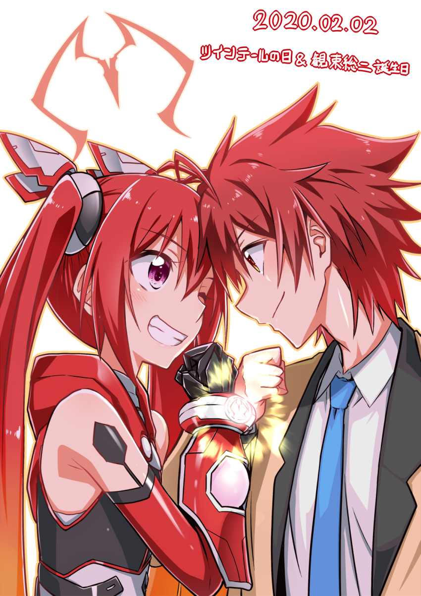 1boy 1girl bare_shoulders blue_neckwear bodysuit clenched_hand collared_shirt dual_persona elbow_gloves fist_bump gloves grin highres jacket long_hair mitsuka_souji necktie one_eye_closed orange_eyes ore_twintail_ni_narimasu red_eyes redhead shirt short_hair smile tailred translation_request twintails twintails_day very_long_hair white_shirt yuto_(dialique)