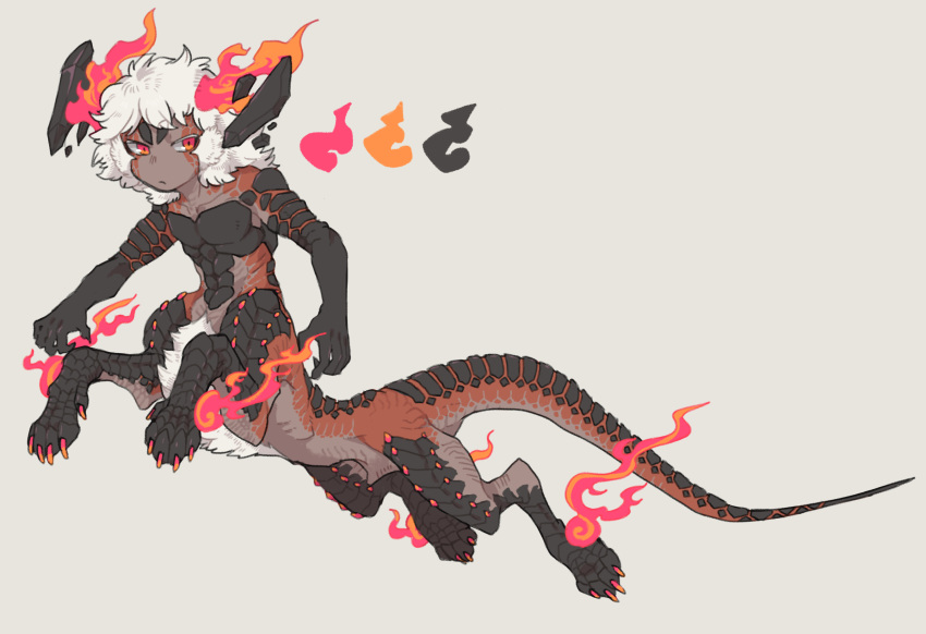 1boy beige_background centauroid claws cococococo1122 commentary_request dark_skin dragon_boy highres horns looking_at_viewer monster_boy original red_eyes scales white_hair