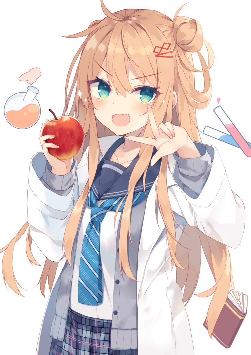 1girl :d ahoge apple bangs blush book brown_hair cardigan coat commentary_request double_bun eyebrows_visible_through_hair fang flask food fruit green_eyes grey_cardigan hair_between_eyes hair_ornament hair_rings hairclip hands_up highres holding holding_food holding_fruit labcoat long_hair looking_at_viewer necktie nibiiro_shizuka open_cardigan open_clothes open_coat open_mouth original plaid plaid_skirt red_apple round-bottom_flask sailor_collar school_uniform shirt skirt smile solo striped striped_neckwear test_tube upper_body v-shaped_eyebrows vial white_background white_coat white_shirt