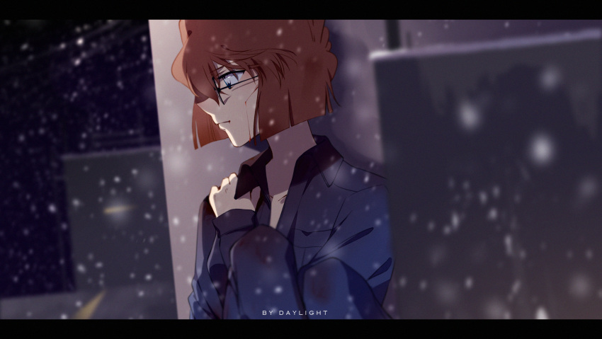 1girl artist_name black-framed_eyewear black_pants black_shirt blood blood_from_mouth blood_on_face blue_eyes blurry blurry_background blurry_foreground brown_hair collarbone collared_shirt daylight919 dress_shirt glasses haibara_ai highres meitantei_conan pants profile shirt short_hair sitting snowing solo upper_body wing_collar