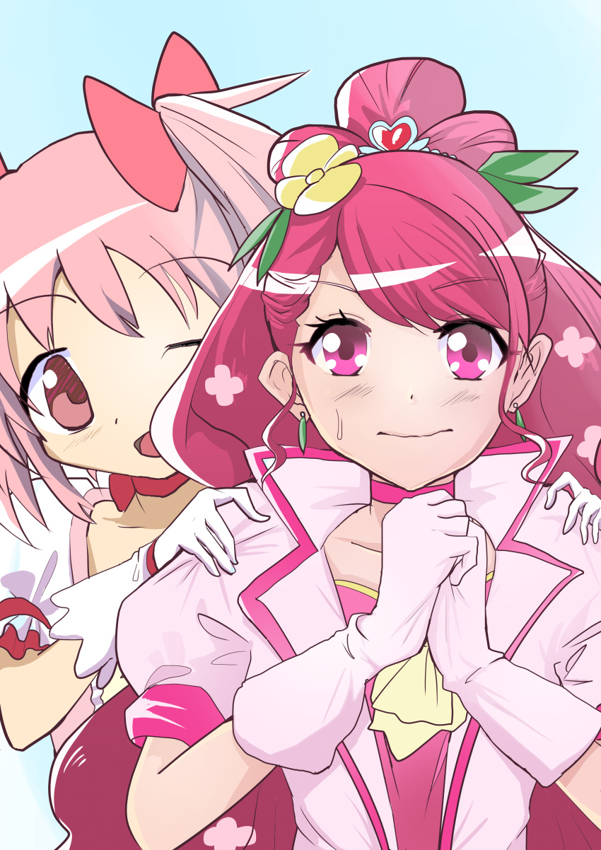 2girls absurdres cure_grace hanadera_nodoka healin'_good_precure highres itagakihajime kaname_madoka mahou_shoujo_madoka_magica multiple_girls pink_clothes pink_eyes pink_hair ponytail precure seiyuu_connection tears trait_connection twintails yuuki_aoi