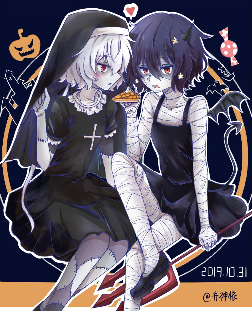 2girls alternate_costume bandage_on_face bandaged_arm bandaged_hands bandaged_leg bandages black_dress blue_hair blush brown_hair crossed_legs demon_girl demon_horns demon_tail demon_wings dress feeding flower frilled_dress frills habit hair_between_eyes hair_flower hair_ornament halloween happy-myself heart highres holding_polearm horns konno_junko leg_up looking_at_another mizuno_ai multiple_girls nun open_mouth polearm red_eyes scar short_hair short_hair_with_long_locks silver_hair spoken_heart tail trident weapon wings yuri zombie zombie_land_saga