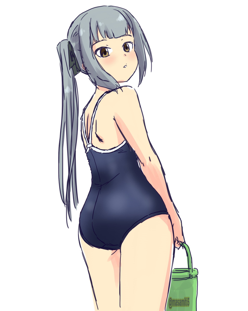 1girl absurdres ass blue_swimsuit brown_eyes bucket commentary_request competition_school_swimsuit cowboy_shot grey_hair highres kantai_collection kasumi_(kantai_collection) long_hair looking_at_viewer looking_back repair_bucket school_swimsuit side_ponytail simple_background solo swimsuit tennouji_masamichi twitter_username white_background