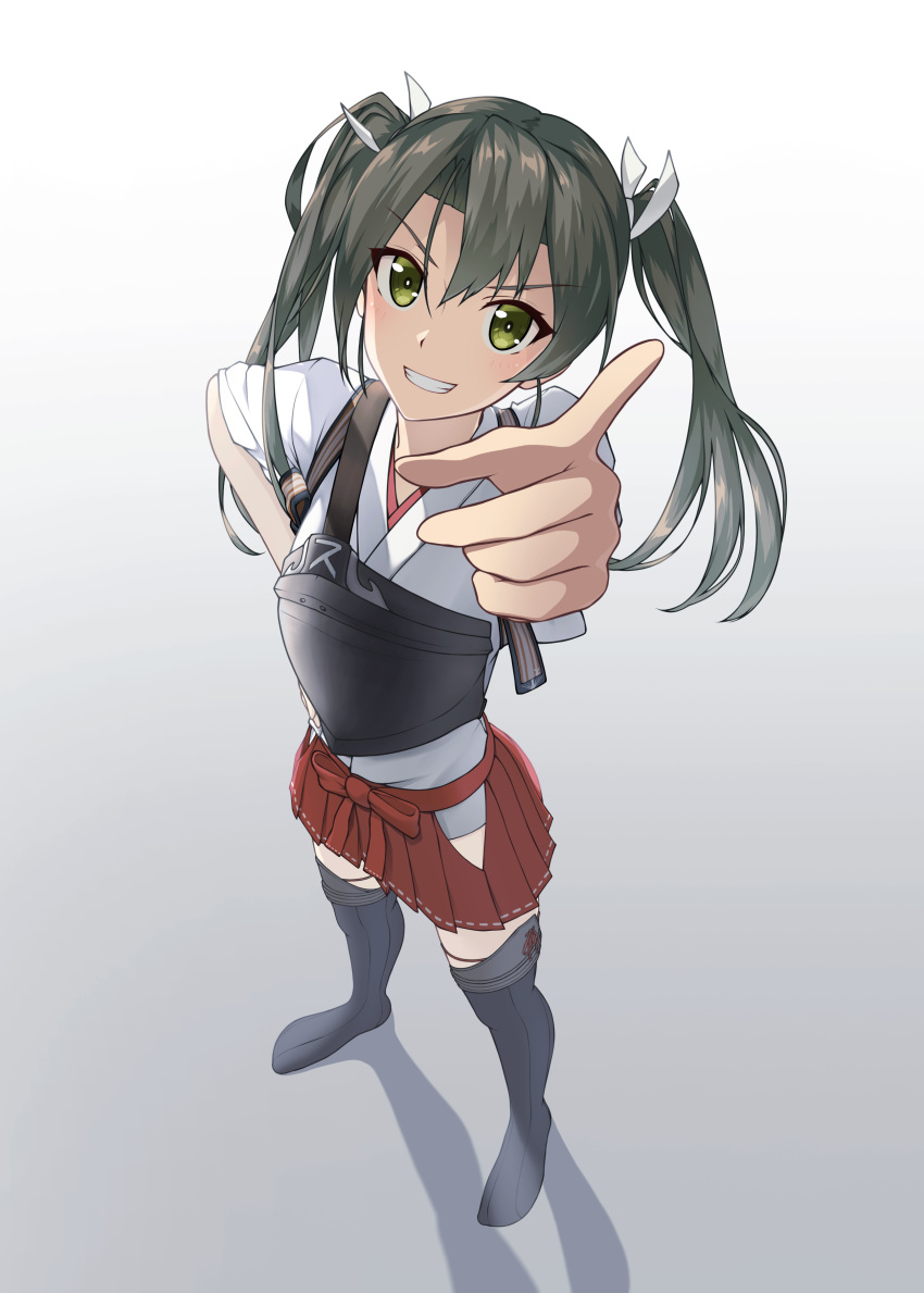 1girl absurdres black_footwear boots dark_green_hair from_above full_body green_eyes hair_ribbon highres index_finger_raised kantai_collection long_hair muneate pleated_skirt pointing pointing_at_viewer rankebu red_skirt ribbon skirt smile solo tasuki thigh-highs thigh_boots twintails white_ribbon zuikaku_(kantai_collection)