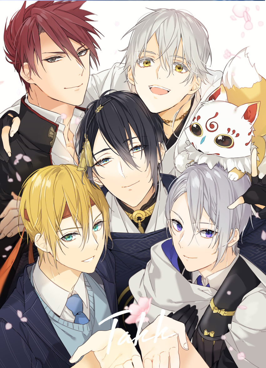 5boys absurdres aqua_eyes arm_around_neck black_gloves black_hair blonde_hair blue_eyes coma_(macaron) fox gloves grey_eyes headband highres japanese_clothes kiwame_(touken_ranbu) konnosuke male_focus mikazuki_munechika multiple_boys necktie ookanehira_(touken_ranbu) open_mouth petals redhead sayagata smile touken_ranbu tsurumaru_kuninaga upper_body white_hair yamanbagiri_chougi yamanbagiri_kunihiro yellow_eyes