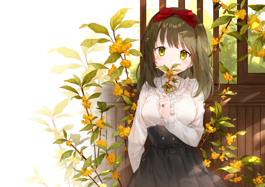 1girl amafuyu bangs black_skirt blush bow breasts commentary_request cover cover_page covered_mouth eyebrows_visible_through_hair flower frilled_shirt frills green_eyes green_hair hair_bow high-waist_skirt highres holding holding_flower long_hair long_sleeves looking_at_viewer medium_breasts novel_cover orange_flower original pleated_skirt red_bow shirt skirt solo white_shirt