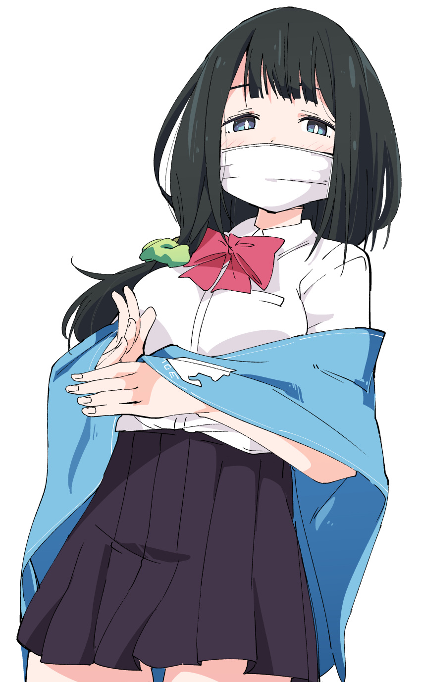 1girl absurdres black_hair black_skirt blanket bow bowtie hair_ornament hair_scrunchie hands_together hassu highres ixy long_hair looking_at_viewer low-tied_long_hair pleated_skirt school_uniform scrunchie short_sleeves skirt solo ssss.gridman surgical_mask violet_eyes white_background