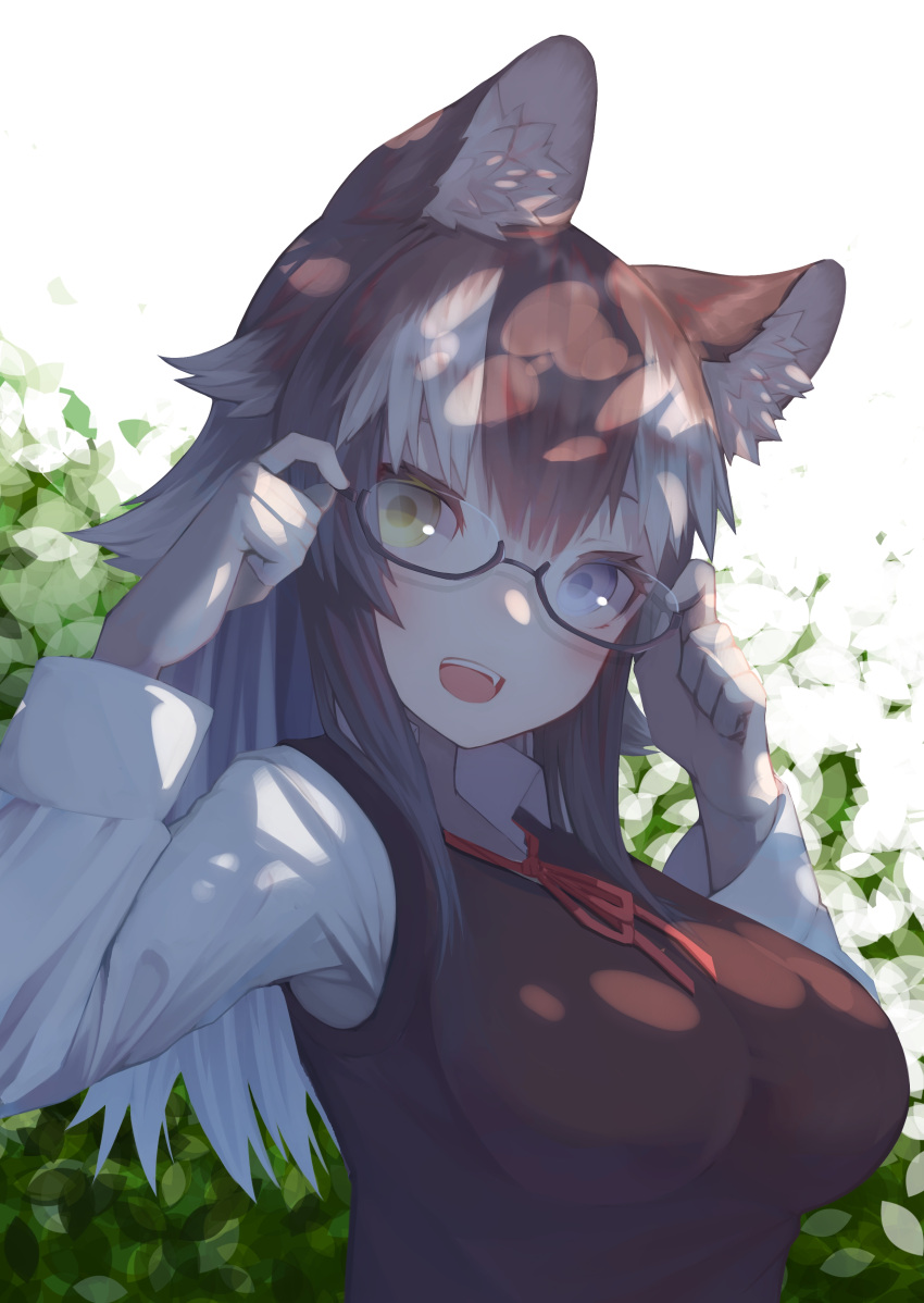 1girl :d absurdres adjusting_eyewear alternate_costume animal_ear_fluff animal_ears bangs bespectacled black_hair blue_eyes breasts collared_shirt commentary glasses grey_hair grey_wolf_(kemono_friends) hair_between_eyes hands_on_eyewear hands_up heterochromia highres impossible_clothes kemono_friends long_hair long_sleeves looking_at_viewer medium_breasts multicolored_hair neck_ribbon open_mouth outdoors ribbon semi-rimless_eyewear shirt simple_background smile solo st.takuma sunlight sweater_vest two-tone_hair under-rim_eyewear upper_body white_background white_hair white_shirt wing_collar wolf_ears yellow_eyes