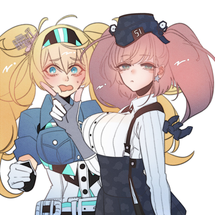 2girls ahoge anchor_hair_ornament anno88888 atlanta_(kantai_collection) belt black_headwear black_skirt blonde_hair blue_eyes blue_shirt blush breast_pocket breasts brown_hair collared_shirt dress_shirt earrings eyebrows_visible_through_hair gambier_bay_(kantai_collection) garrison_cap gloves grey_eyes hair_between_eyes hair_ornament hairband hat high-waist_skirt highres jewelry kantai_collection large_breasts long_hair long_sleeves looking_at_viewer multiple_girls pocket shirt short_sleeves simple_background skirt star star_earrings suspender_skirt suspenders twintails two_side_up upper_body white_background white_gloves white_shirt