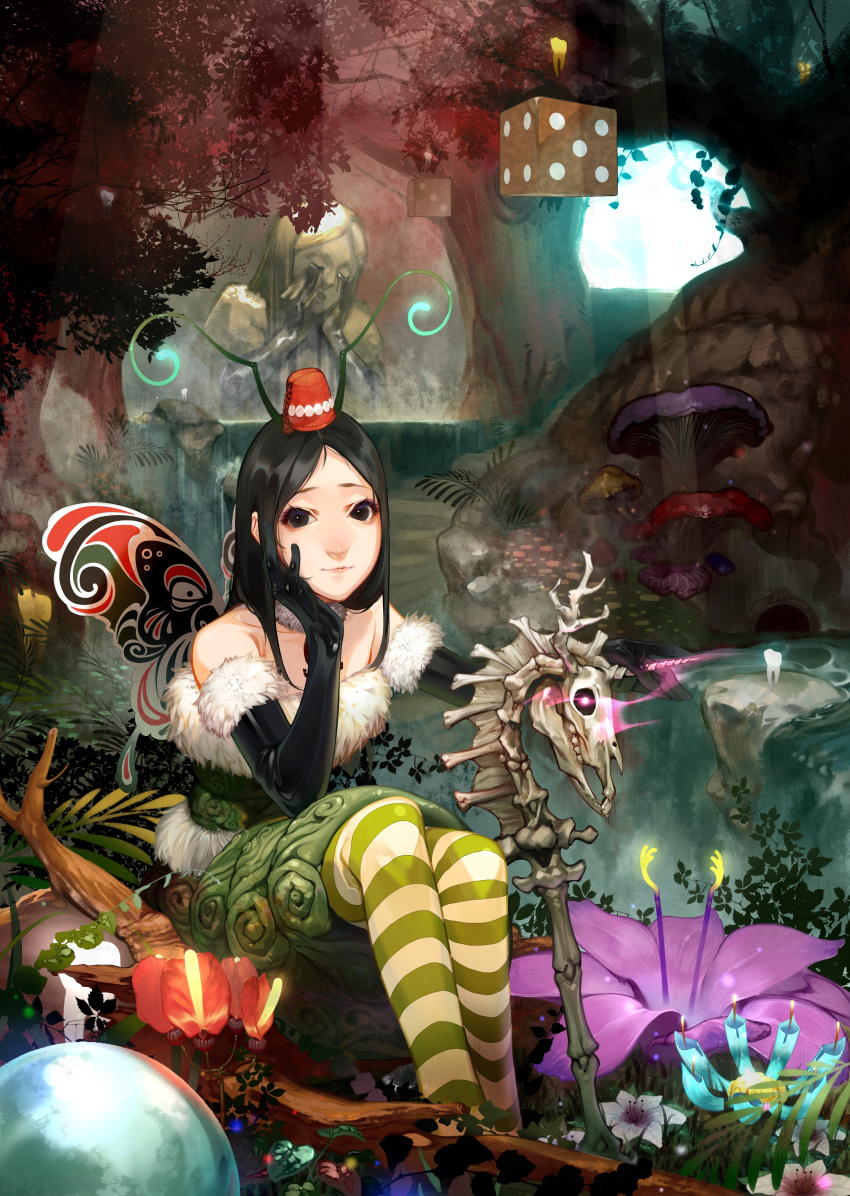 1girl absurdres alice:_madness_returns alice_(wonderland) american_mcgee's_alice black_hair chiizu_namasu closed_mouth commentary_request dice dress highres long_hair looking_at_viewer mushroom smile solo statue striped striped_legwear water