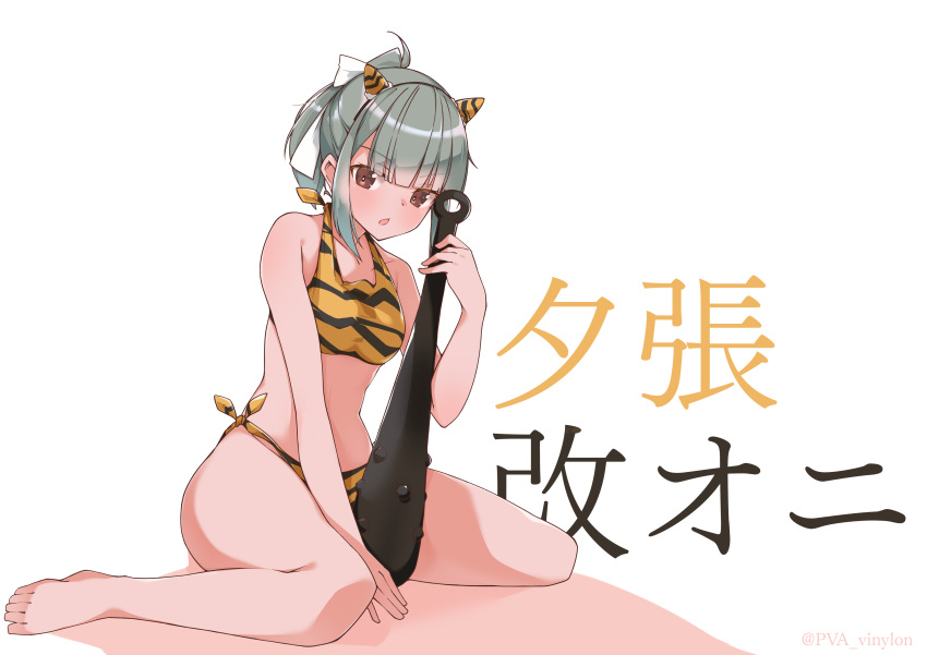 1girl absurdres alternate_costume animal_print barefoot bikini bow breasts brown_eyes club commentary_request green_hair hair_bow highres kanabou kantai_collection looking_at_viewer medium_breasts oni_horns ponytail pun remodel_(kantai_collection) side-tie_bikini sitting solo spiked_club swimsuit tiger_print uut weapon yuubari_(kantai_collection)