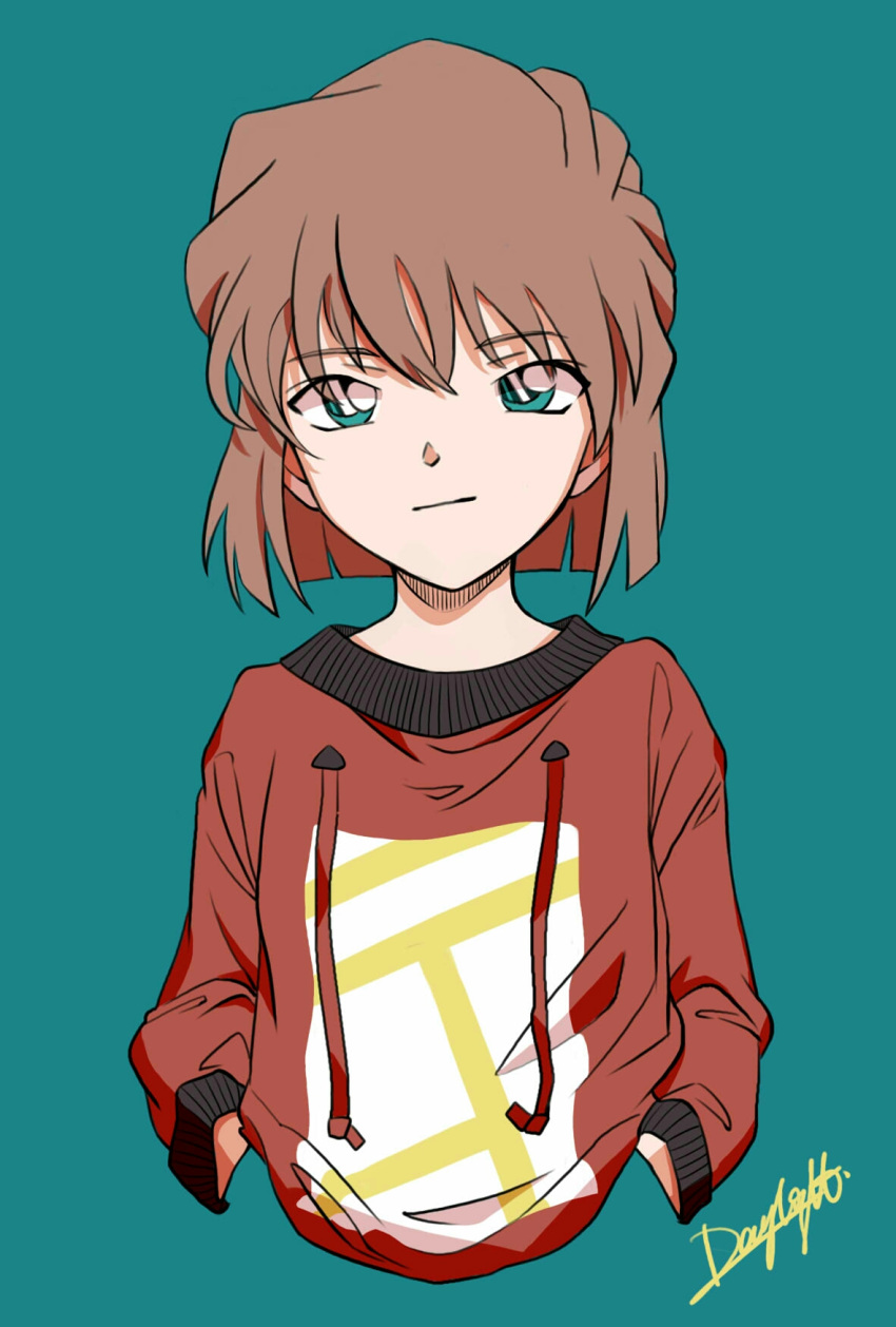 1girl aqua_eyes bangs blue_background brown_hair closed_mouth cropped_torso daylight919 eyebrows_visible_through_hair haibara_ai hair_between_eyes hands_in_pocket highres looking_at_viewer meitantei_conan red_sweater short_hair signature simple_background smile solo sweater