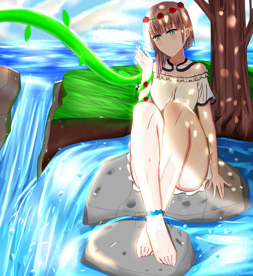 1girl 995080356 anklet bare_shoulders barefoot blue_eyes highres jewelry short_hair sitting stone toenails toes tree valley warship_girls_r water wisconsin_(warship_girls_r)