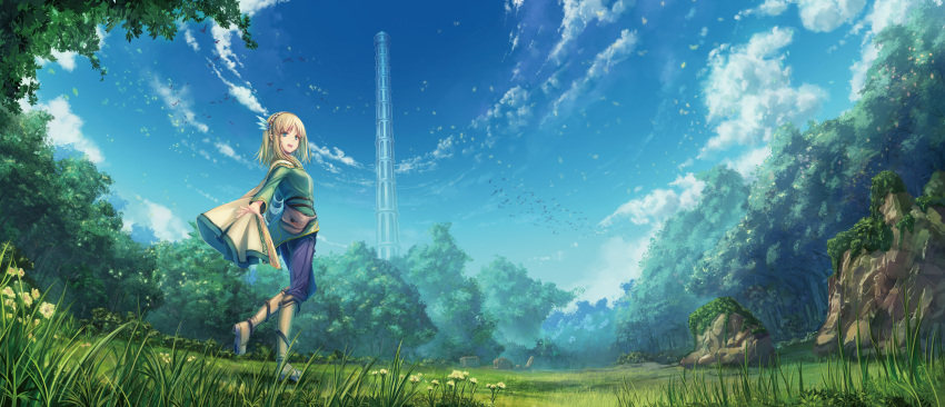 1girl :d aqua_eyes bangs bird blonde_hair blue_sky boots breasts cape clouds earrings elf feathers flower forest grass green_jacket hair_feathers hairband highres jacket jewelry keena_(leadale_no_daichi_nite) knee_boots landscape leadale_no_daichi_nite leaf long_sleeves looking_at_viewer looking_back medium_breasts medium_hair nature novel_illustration official_art open_mouth outdoors outstretched_arms pants pointy_ears pouch rock sidelocks sky smile solo standing standing_on_one_leg teeth tenmaso tower