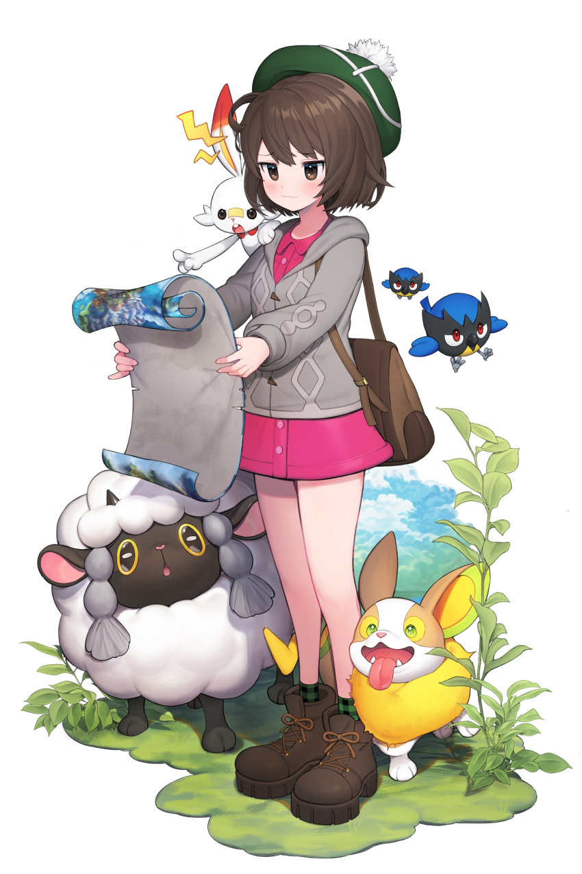 1girl absurdres backpack bag brown_eyes brown_hair dress gen_8_pokemon grey_cardigan highres kuang1104 map pink_dress pokemon pokemon_(game) pokemon_on_shoulder pokemon_swsh rookidee scorbunny tam_o'_shanter wavy_mouth wooloo yamper yuuri_(pokemon)