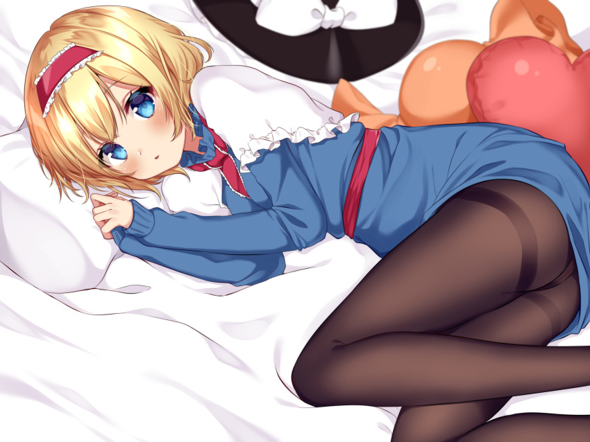 1girl alice_margatroid alternate_costume ass bed_sheet black_headwear black_legwear blonde_hair blue_dress blue_eyes bow capelet dress frilled_hairband frills hairband hat hat_bow heart heart_pillow highres long_sleeves looking_at_viewer lying on_bed on_side pantyhose pillow red_hairband red_neckwear shiki_(s1k1xxx) short_dress short_hair solo thighband_pantyhose touhou white_bow white_capelet witch_hat