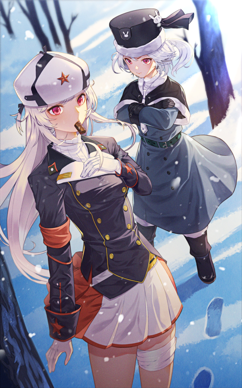 2girls ash_arms chocolate coat ddoalo fur_hat gloves hat highres kv-1_(ash_arms) long_hair military military_uniform multiple_girls outdoors red_eyes red_star short_hair silver_hair skirt snow snowing t-34_(ash_arms) tree uniform