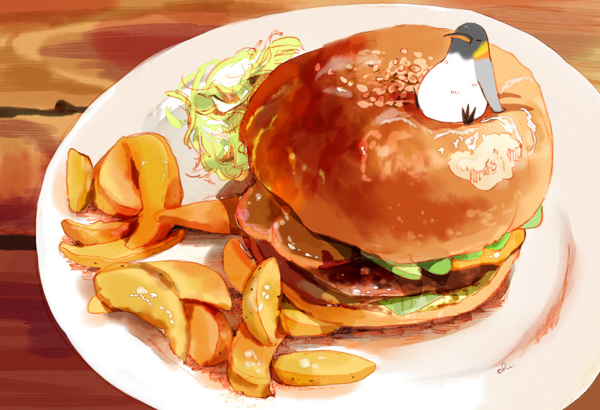 1other artist_name bird chai commentary_request food hamburger highres no_humans original penguin plate potato sitting_on_food wooden_table