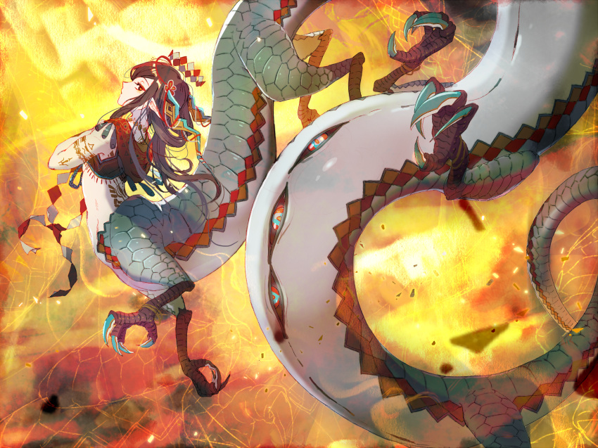 1girl brown_hair centauroid claws commentary_request dragon dragon_girl eastern_dragon extra_eyes half-closed_eyes highres long_hair looking_at_viewer looking_back monster_girl original pointy_ears scales sopra tattoo
