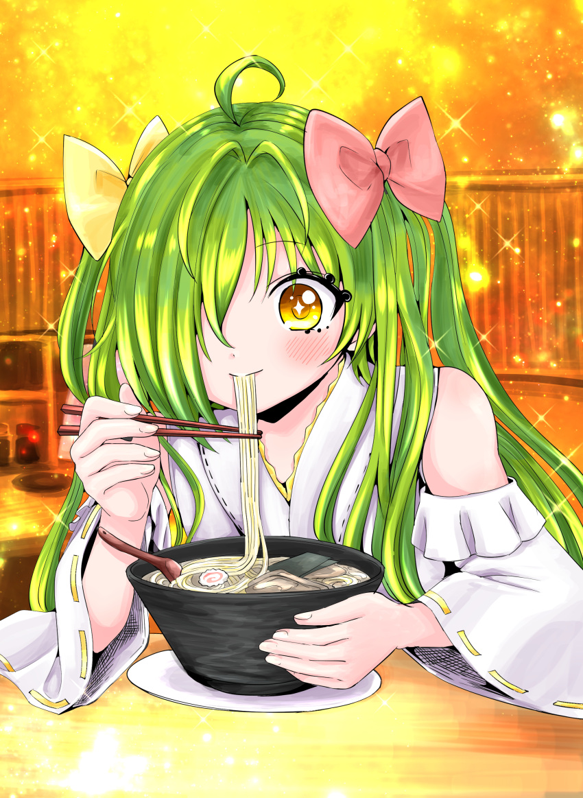 absurdres ahoge bangs bare_shoulders blush bow bowl chopsticks closed_mouth detached_sleeves eating food fukuoka_gourmet_sanmai_yokato_channel hair_bow hair_over_one_eye highres holding holding_chopsticks indoors japanese_clothes kamaboko long_hair long_sleeves maizuru_yokato narutomaki noodles pink_bow ramen sitting smile sparkling_eyes speech_bubble table temimin twintails twintails_day very_long_hair virtual_youtuber wide_sleeves yellow_bow yellow_eyes