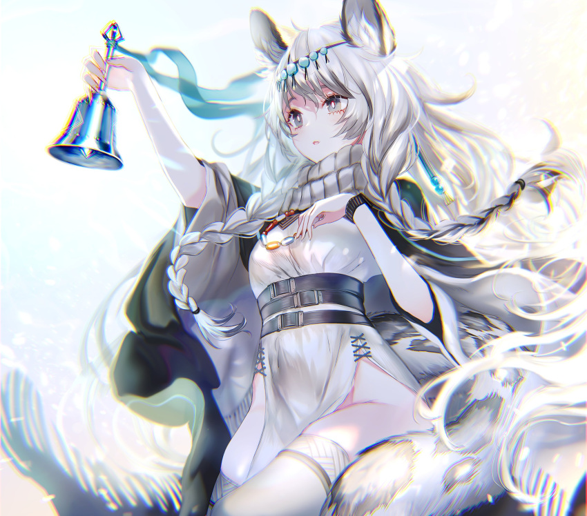 1girl animal_ear_fluff animal_ears arknights bangs bead_necklace beads bell belt black_belt black_cape braid breasts cape dress grey_eyes grey_hair headpiece highres holding holding_bell jewelry leopard_ears leopard_girl leopard_tail long_hair multicolored_hair necklace parted_lips pelvic_curtain pottsness pramanix_(arknights) side_braids silver_hair small_breasts solo tail thigh-highs turtleneck turtleneck_dress twin_braids two-tone_hair