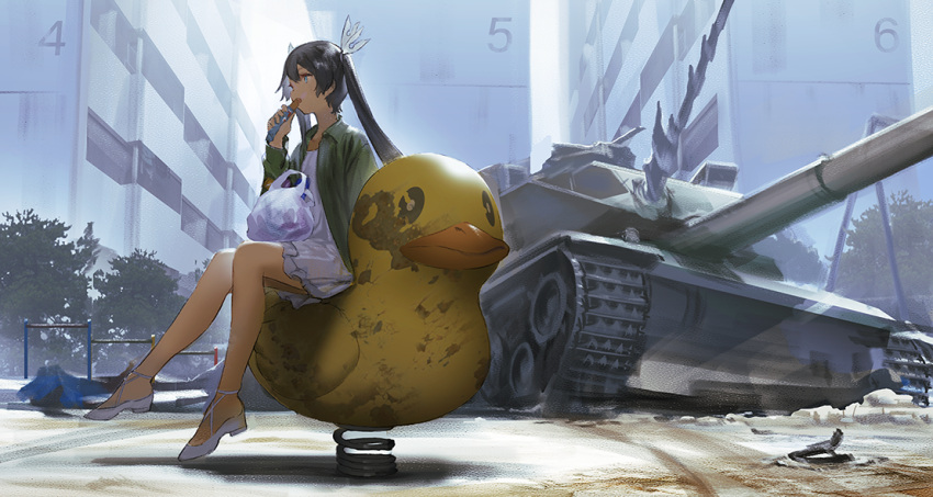 1girl apartment bag black_hair blue_eyes building candy candy_bar city commentary_request destroyed dress eating food green_jacket grocery_bag ground_vehicle hair_ornament hair_ribbon horizontal_bar jacket long_hair long_sleeves looking_away military military_vehicle mogumo motor_vehicle open_clothes open_shirt original outdoors playground purple_dress ribbon shoes shopping_bag short_dress sitting sitting_sideways solo spring_rider strappy_heels tank twintails white_dress white_footwear wide_shot