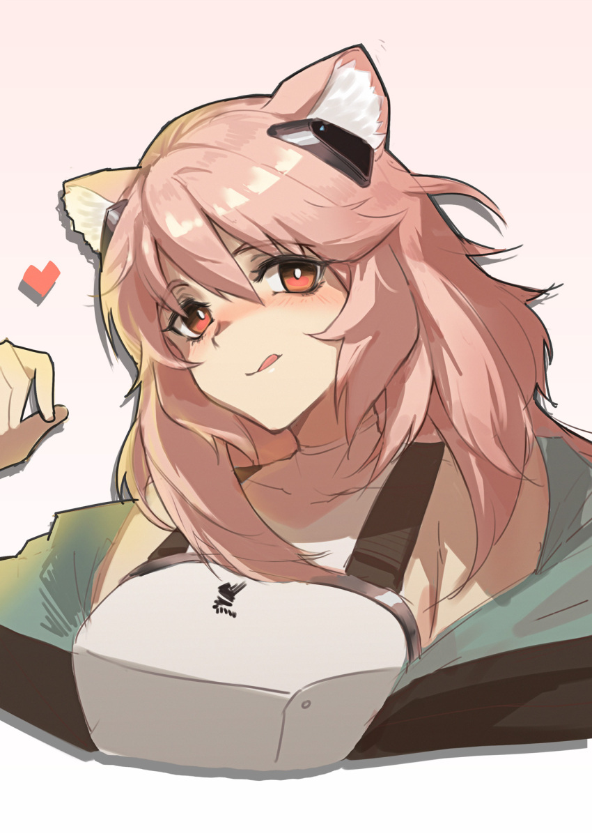 1girl animal_ear_fluff animal_ears arknights armor bangs blush breasts close-up closed_mouth collarbone eyebrows_visible_through_hair face gravel_(arknights) hair_between_eyes hair_ornament heart highres hood hoodie lips long_hair looking_at_viewer naxu pink_hair portrait red_eyes simple_background sleeveless solo strap tongue tongue_out