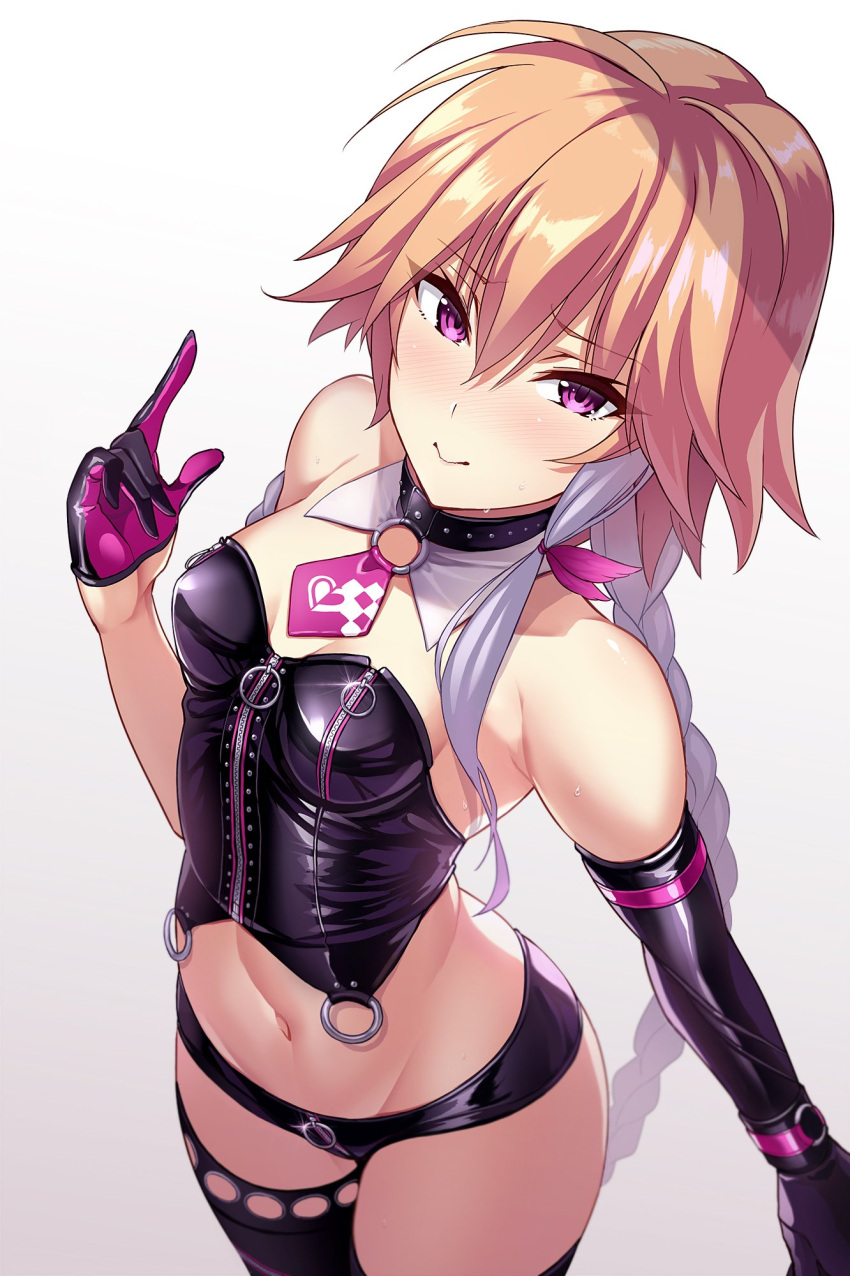 1girl bare_shoulders black_collar black_gloves black_legwear blush braid breasts closed_mouth collar corset crotch_zipper detached_collar from_above glint gloves gradient gradient_background groin hair_between_eyes half_gloves highres idolmaster idolmaster_cinderella_girls long_hair looking_at_viewer midriff mismatched_gloves multicolored_hair navel ninomiya_asuka nose_blush o-ring orange_hair pink_eyes pink_gloves pink_neckwear pointing pointing_up purple_hair single_braid small_breasts smile solo thigh-highs touya_(the-moon) two-tone_hair very_long_hair white_background zipper