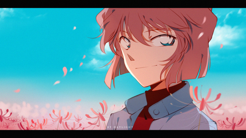 1girl artist_name bangs blue_eyes blue_jacket blue_sky blurry_foreground brown_hair closed_mouth clouds daylight919 eyebrows_visible_through_hair field flower flower_field haibara_ai hair_between_eyes highres jacket meitantei_conan open_clothes open_jacket portrait red_flower red_rose red_shirt rose shirt short_hair sky smile solo