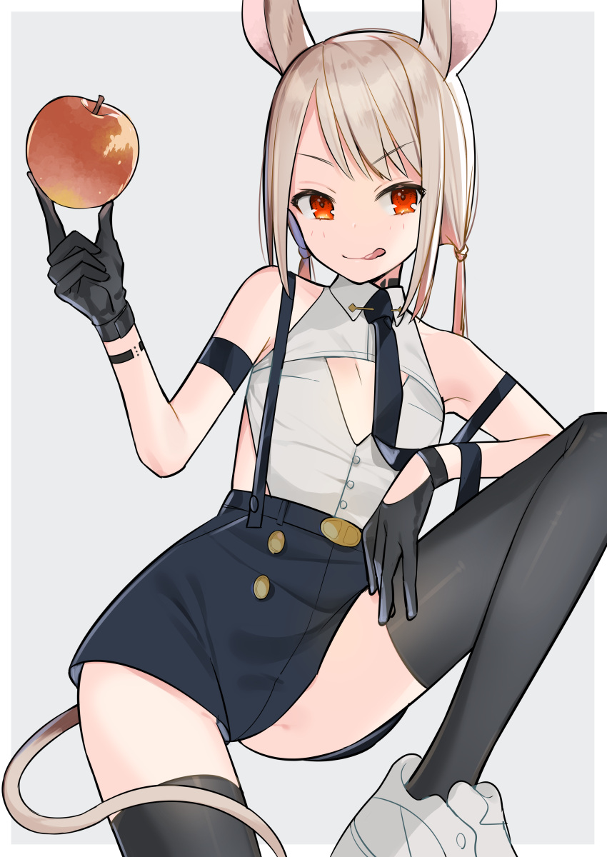 1girl :q absurdres animal_ears bare_shoulders black_gloves black_legwear black_neckwear black_shorts blush brown_hair closed_mouth commentary_request food gloves grey_background grey_footwear hand_up highres holding holding_food long_hair looking_at_viewer low_twintails mouse_ears mouse_girl mouse_tail necktie omucchan_(omutyuan) original red_eyes shirt shoes short_shorts shorts sleeveless sleeveless_shirt smile solo standing standing_on_one_leg suspender_shorts suspenders suspenders_slip tail thigh-highs tongue tongue_out twintails two-tone_background white_background white_shirt