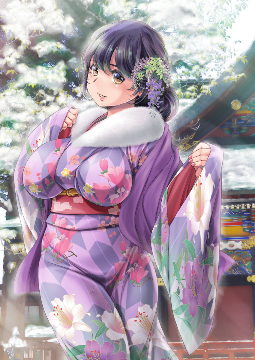 1girl alternate_costume black_hair blush breasts floral_print flower hair_flower hair_ornament highres japanese_clothes kantai_collection kantori kimono large_breasts long_hair long_sleeves looking_at_viewer obi sash side_ponytail snow solo ushio_(kantai_collection) wide_sleeves winter winter_clothes