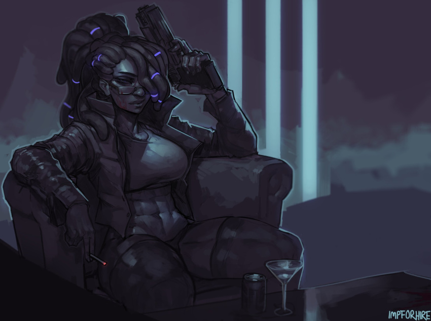 1girl abs armchair black_hair blood blood_on_face breasts can chair cigarette cocktail_glass commentary commission cup cyberpunk dark_skin drinking_glass english_commentary finger_on_trigger glasses gun hair_over_one_eye hairlocs handgun high_collar highres holding holding_gun holding_weapon impforhire indoors jacket large_breasts limited_palette long_hair midriff night open_clothes open_jacket original popped_collar semi-rimless_eyewear short_shorts shorts sitting smoking soda_can solo sports_bra spot_color thick_thighs thigh-highs thighs under-rim_eyewear very_dark_skin weapon