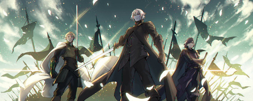 1girl 2boys battle_standard belt black_cape black_gloves black_hair blonde_hair boots bracer cape clenched_hand elion_the_king_of_spirits erebas_the_demon_king fighting_stance flag glint gloves grey_skin hair_over_one_eye holding holding_sword holding_weapon inna_the_queen_of_the_ruined_country multiple_boys outdoors pixiv_fantasia pixiv_fantasia_last_saga red_eyes sheath sword unsheathing violet_eyes weapon white_cape white_hair zinnkousai3850