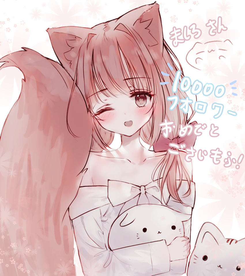 1girl ;d absurdres animal animal_ear_fluff animal_ears animal_hug bangs blush bow brown_eyes brown_hair cat collarbone commentary_request dress eyebrows_visible_through_hair floral_background fox_ears fox_girl fox_tail hair_bow head_tilt highres long_hair long_sleeves looking_at_viewer low_twintails off-shoulder_dress off_shoulder one_eye_closed open_mouth original red_bow short_twintails smile solo tail tail_raised tandohark translation_request twintails white_bow white_dress