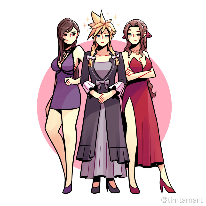 1boy 2girls aerith_gainsborough artist_name black_dress black_hair blonde_hair brown_hair cloud_strife crossdressinging dress final_fantasy final_fantasy_vii final_fantasy_vii_remake high_heels highres long_hair looking_at_viewer multiple_girls purple_dress red_dress simple_background smile spiky_hair standing tifa_lockhart timtam twitter_username