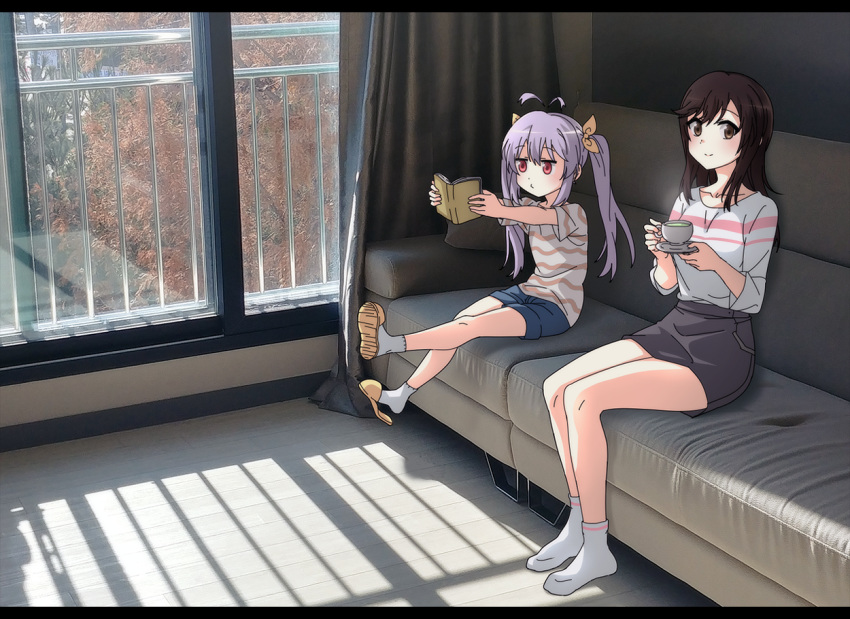 2girls ahoge black_hair book bow brown_eyes couch cup curtains drink hair_bow holding holding_book holding_cup ichijou_hotaru jitome letterboxed long_hair looking_at_viewer medium_hair miyauchi_renge multiple_girls non_non_biyori photo_background purple_hair railing reading red_eyes saucer shirt shorts sidarim sitting skirt slippers smile socks steam straight_hair striped striped_shirt t-shirt teacup tree twintails window yellow_bow