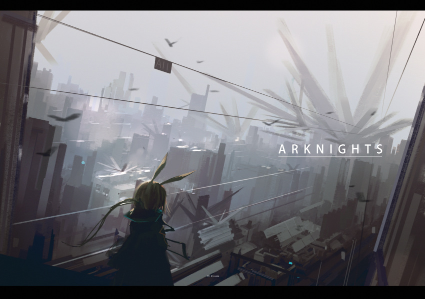 1girl alcxome amiya_(arknights) animal_ears arknights artist_name bangs bird black_coat brown_hair building city cityscape copyright_name facing_away from_above grey_sky highres landscape looking_away ponytail rabbit_ears sailor_collar skyscraper wire