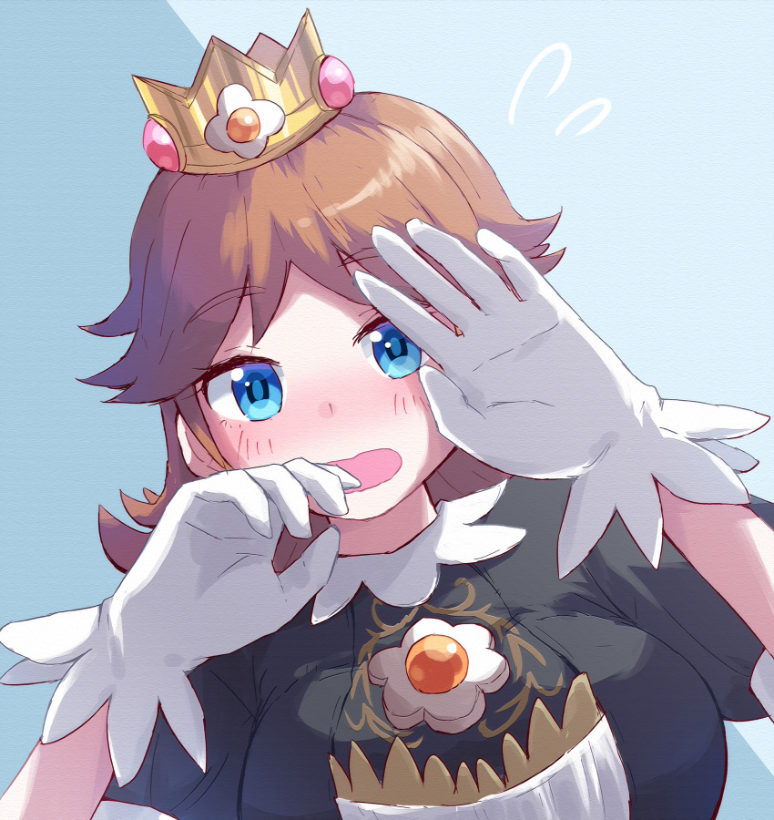 1girl :o absurdres black_dress blue_background blue_eyes blush brown_hair crown dress eyebrows_visible_through_hair gloves hands_up highres huge_filesize super_mario_bros. misowhite princess_daisy short_sleeves simple_background solo super_smash_bros. upper_body white_gloves