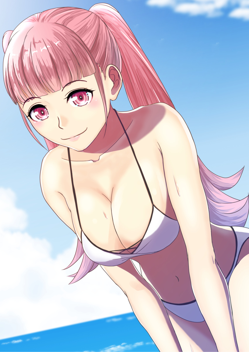 1girl bikini blush cute female_focus fire_emblem fire_emblem:_three_houses fire_emblem:_three_houses fire_emblem_16 gzo1206 hilda_valentine_goneril intelligent_systems long_hair looking_at_viewer navel nintendo ocean outdoors parted_lips pink_eyes pink_hair sky smile swimsuit twintails wet white_bikini