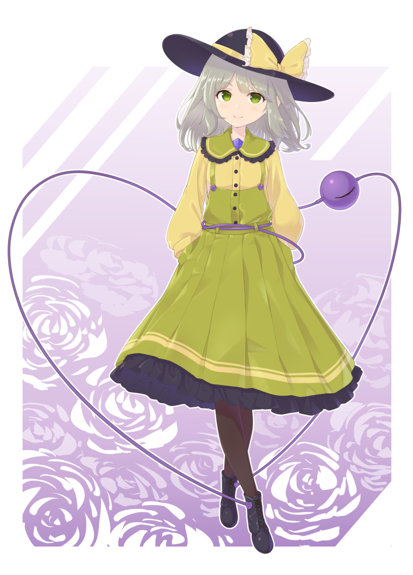 1girl adapted_costume black_footwear black_headwear boots bow brown_legwear buttons closed_mouth floral_background full_body green_eyes green_hair green_skirt hands_in_pockets hat hat_bow heart highres kanpa_(campagne_9) komeiji_koishi long_hair long_sleeves looking_at_viewer pantyhose purple_background shirt skirt smile solo standing third_eye touhou white_background yellow_bow yellow_shirt