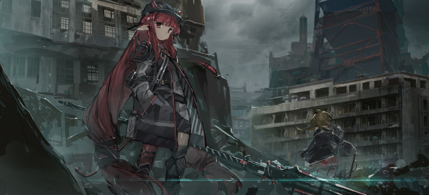 2girls arknights bangs black_jacket cityscape clouds cloudy_sky construction_site dress_shirt elbow_pads gleam grey_sky hat highres horns jacket looking_at_viewer multiple_girls necktie open_clothes open_jacket ph. pointy_ears polearm red_eyes redhead ruins shirt shorts shoulder_pads siege_(arknights) sky spear standing thigh-highs tower twintails vigna_(arknights) weapon