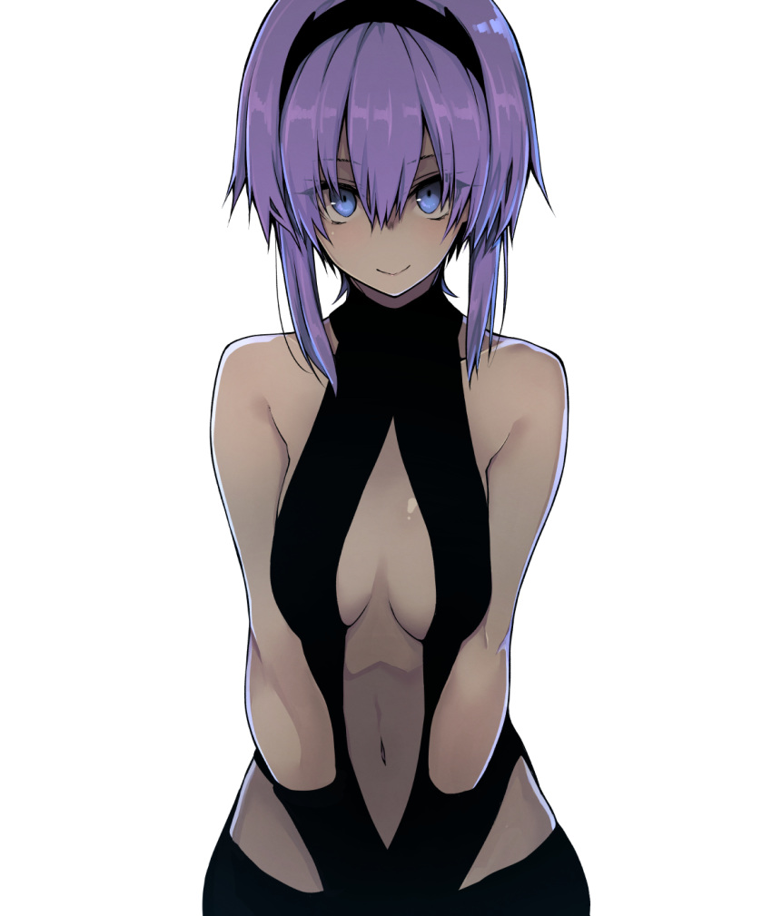 10mo 1girl bare_shoulders black_gloves blue_eyes breasts dark_skin fate/prototype fate/prototype:_fragments_of_blue_and_silver fate_(series) gloves hair_between_eyes hairband hassan_of_serenity_(fate) highres looking_at_viewer navel purple_hair revealing_clothes short_hair_with_long_locks simple_background smile solo white_background