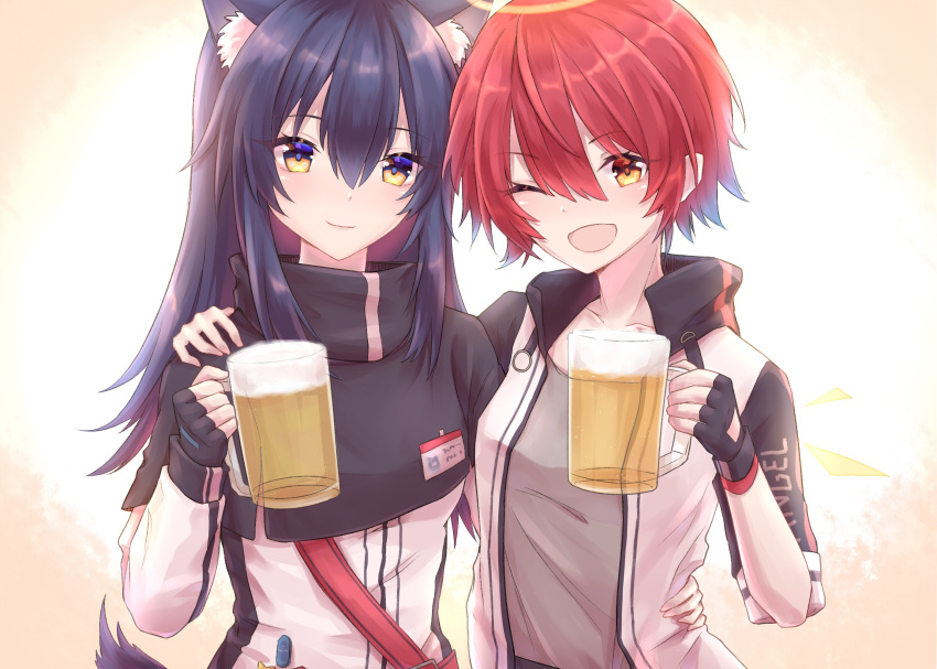 2girls ;d alcohol animal_ear_fluff animal_ears arknights arm_around_shoulder bangs beer beer_mug black_capelet black_gloves capelet commentary_request cup energy_wings exusiai_(arknights) eyebrows_visible_through_hair fingerless_gloves gloves grey_shirt hair_between_eyes halo hand_up high_collar highres holding holding_cup jacket long_sleeves multiple_girls nazt one_eye_closed open_clothes open_jacket open_mouth purple_hair raglan_sleeves redhead shirt smile texas_(arknights) upper_body white_jacket wolf_ears yellow_eyes