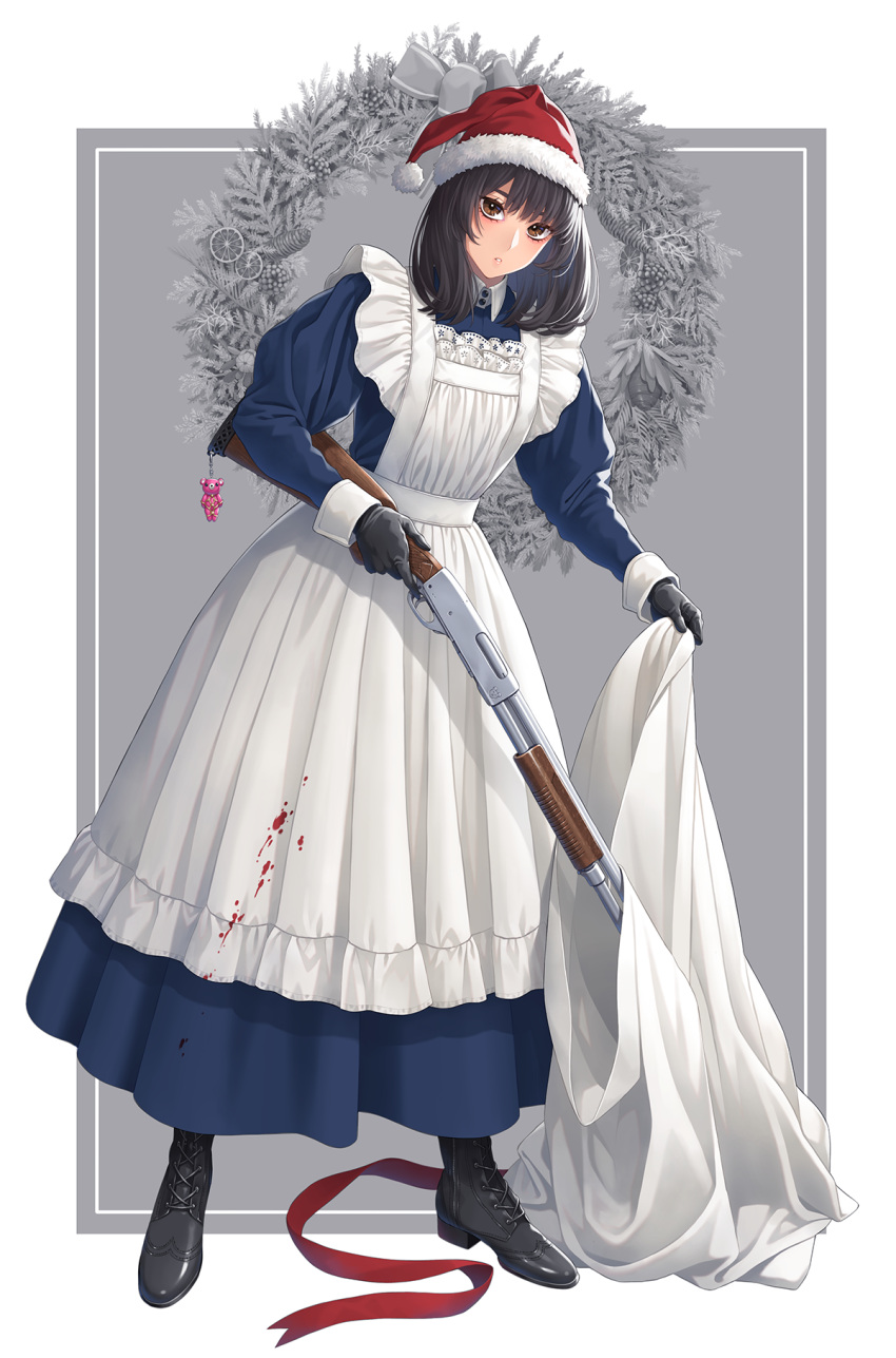 1girl :o apron bag bangs black_footwear black_gloves black_hair blood blood_stain bloody_clothes blue_dress boots brown_eyes christmas christmas_ornaments collar commentary cross-laced_footwear dress frilled_apron frilled_dress frills full_body gloves grey_background gun hat highres holding holding_bag holding_weapon juliet_sleeves keychain lace-up_boots leaning_forward long_dress long_sleeves looking_at_viewer maid maid_apron medium_hair minami_(minami373916) original puffy_sleeves red_ribbon ribbon santa_hat shiny shiny_hair shotgun solo standing trigger_discipline two-tone_background victorian victorian_maid weapon white_apron white_background wing_collar