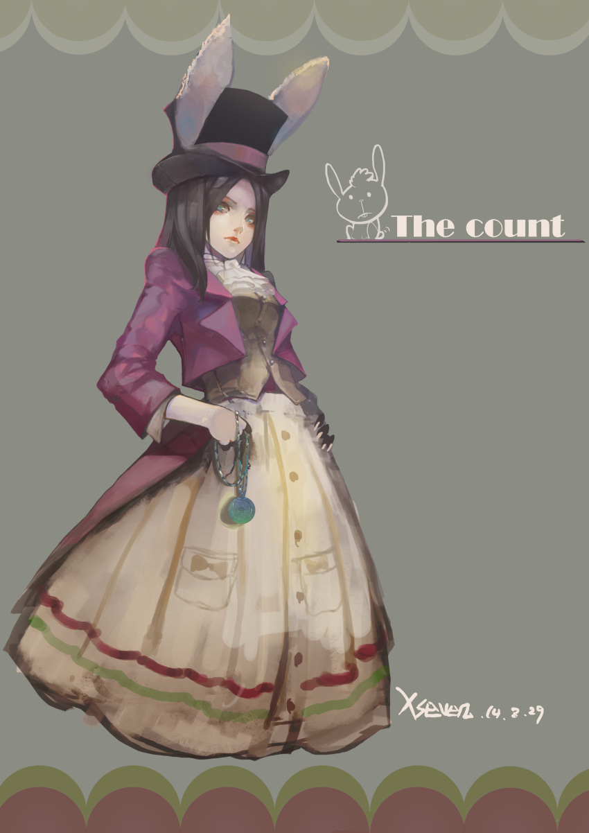 1girl absurdres alice:_madness_returns alice_(wonderland) american_mcgee's_alice animal_ears black_hair breasts closed_mouth commentary dress green_eyes hat highres jupiter_symbol long_hair looking_at_viewer pocket_watch rabbit_ears simple_background solo watch xseven