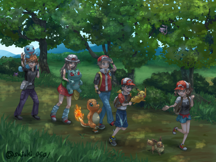 2girls 3boys :d ayumi_(pokemon) backpack bag baseball_cap black_footwear black_hair blue_(pokemon) blue_eyes blue_sky brown_eyes brown_hair bulbasaur bush charmander claws commentary_request creature day eevee fiery_tail fire flame flat_chest gen_1_pokemon grass happy hat highres holding holding_pokemon jumping kakeru_(pokemon) legendary_pokemon long_hair mew miniskirt mountain multiple_boys multiple_girls nature ookido_green open_mouth pants pikachu pokemon pokemon_(creature) pokemon_(game) pokemon_frlg pokemon_lgpe pokemon_on_shoulder purple_pants red_(pokemon) red_eyes red_headwear red_skirt road satsuki_(pixiv44579273) shoes signature skirt sky smile spiky_hair squirtle tail tree vs_seeker walking