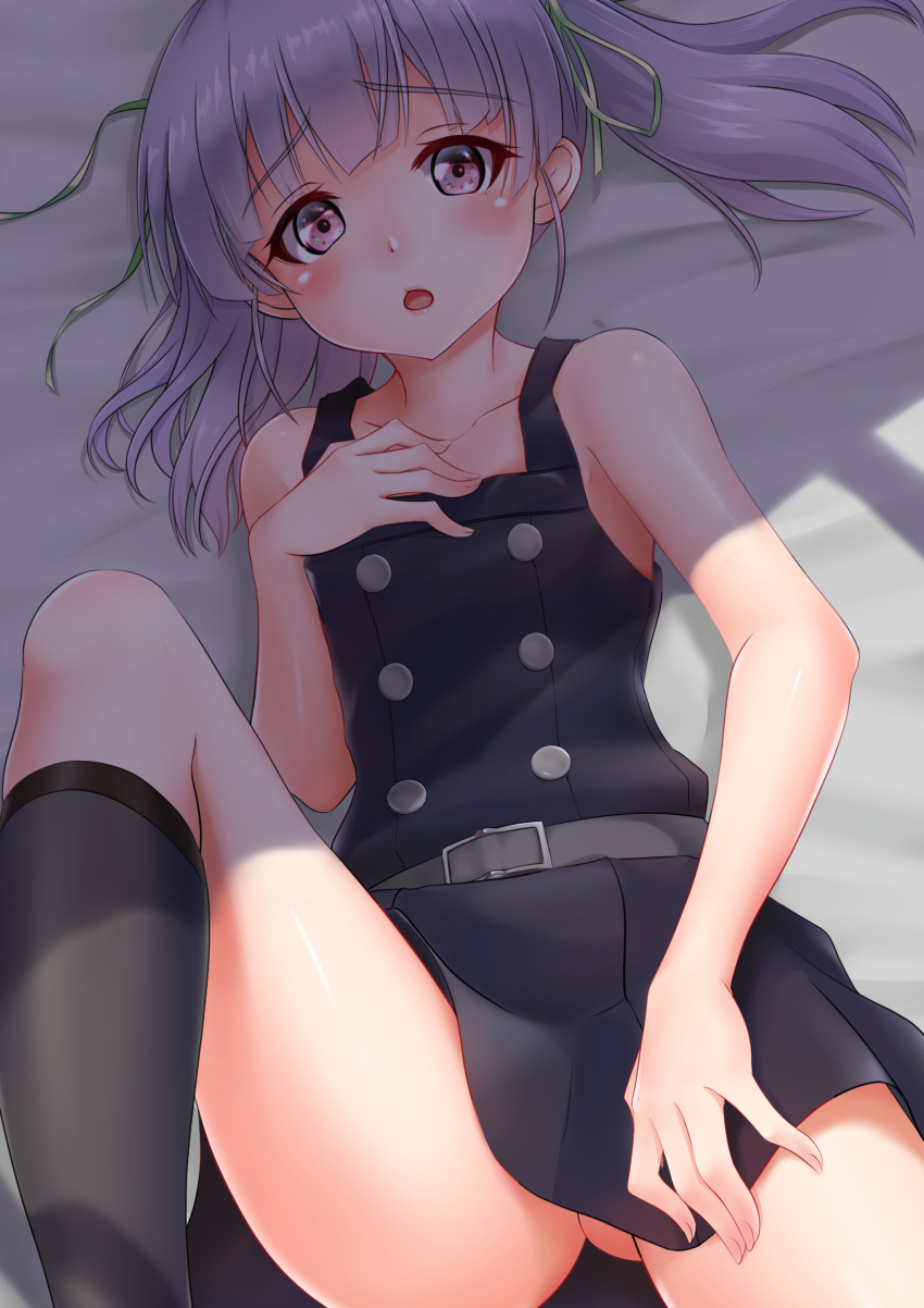 1girl absurdres belt black_belt black_legwear blush dress eyebrows_visible_through_hair green_ribbon hair_ribbon highres kantai_collection long_hair lying makura_(user_jpmm5733) on_back ooshio_(kantai_collection) open_mouth purple_hair ribbon school_uniform short_twintails sleeveless sleeveless_dress socks solo twintails